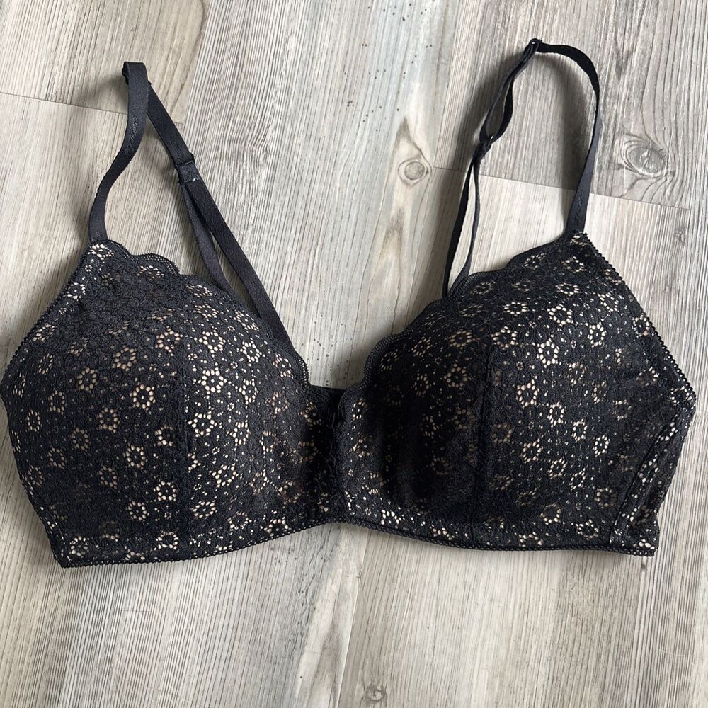 Aerie Women Bra Black Outer Beige Lining Floral T Shirt Wireless Lace 36C